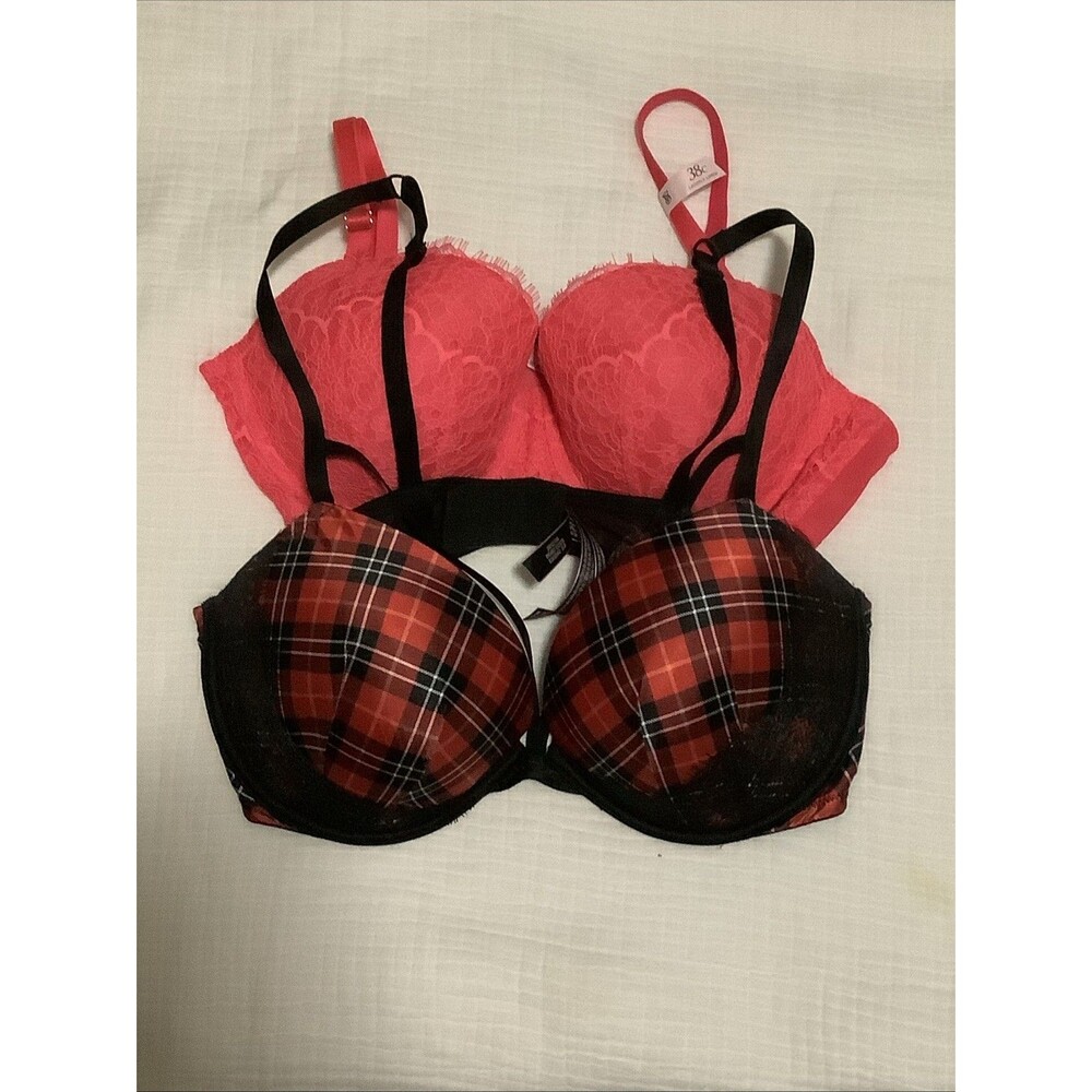 Victoria's Secret  BUNDLE  OF 2  HOT PINK/ RED PLAID Lace Push Up Bra SZ 38C NWT